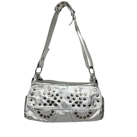 Steve Madden Vegan Silver Metallic Studded Purse Shoulder Bag Y2K Punk Medium - Picture 1 of 16